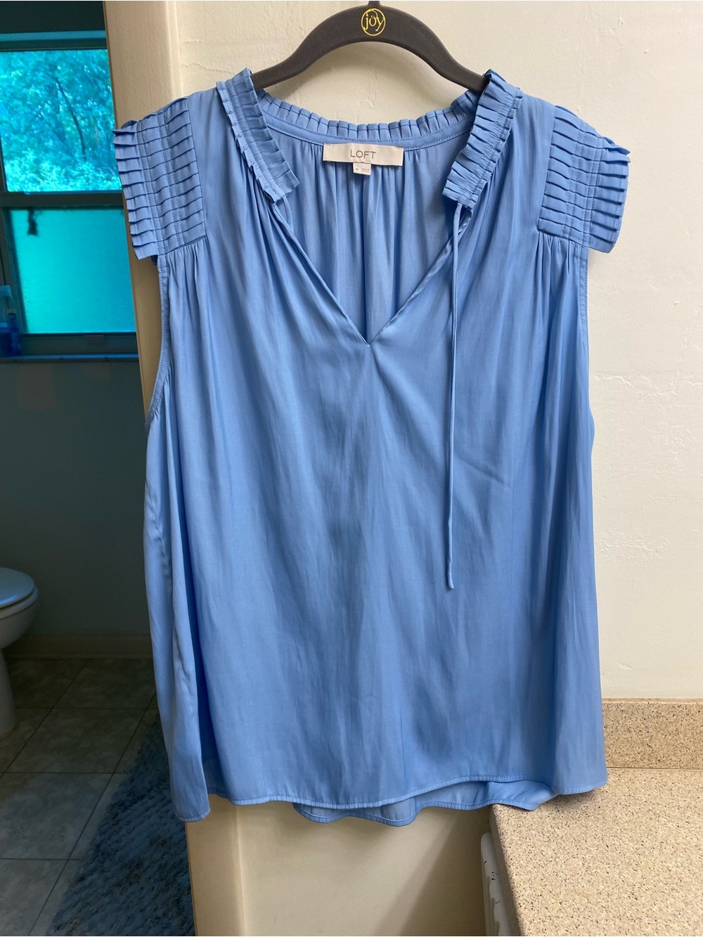 LOFT Sky Blue Pleated Cap Sleeve V-Neck blouse